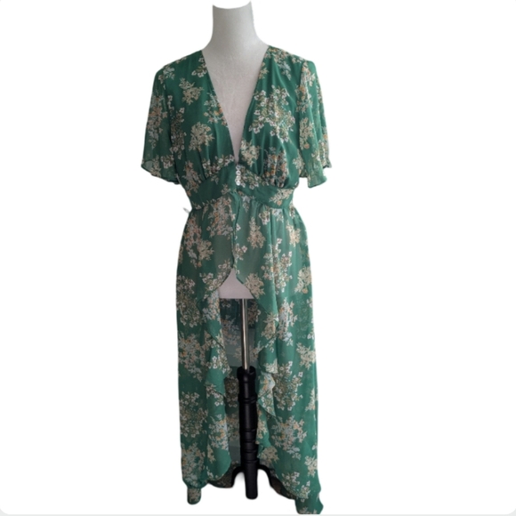 Revolve J.O.A. Floral Maxi Duster Kimono Romantic Deep V Green L - Picture 5 of 12